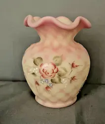 This Fenton pink burmese vase has on the bottom - Fenton hand painted by D. Cutshaw - and Bill Fenton signature. In...