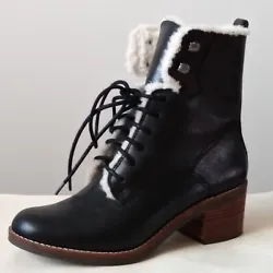 Lucky Brand LK-Cambreen Black Leather Faux Fur Lined Lace Up Boots Womens 6.5M. Block heel is 2
