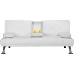 This futon is designed for comfort with ergonomic materials and a middle armrest that folds down with two cup holders....
