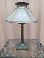 Up for consideration is a very unique 6 panel frosted Starbust Glass panel lamp from around the turn of the Century....