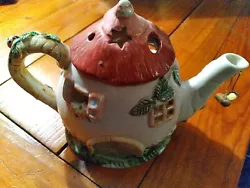 Ceramic Cottage Teapot W/ Hanging Bee - Tealight Candle Holder. Nice decorative candle holder