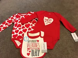 2 Carters Valentine Long Sleeve Heart Bodysuits and Bib - 6 Mths . Condition is New with tags. Shipped with USPS First...