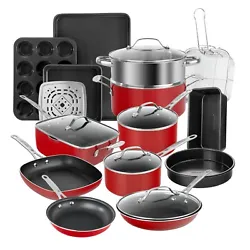 Granitestone Red Pots and Pans Set, 20 Piece Complete Cookware & Bakeware Set with Ultra Nonstick Durable Mineral &...