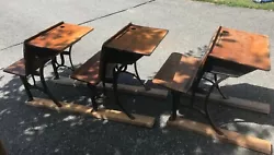3 Antique School desks.  Wood and Cast Iron.  Local pickup Southeastern MA/ RI
