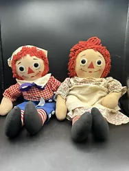Vintage Raggedy Ann & Andy 1960s Johnny Gruelle Knickerbocker Toy Co. Hong Kong. The dolls have age. There is some...