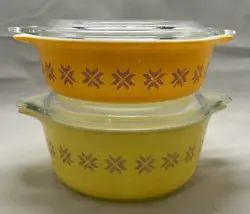 The 1963--1967 Pyrex Town and Country Cross-stitch star patterns casseroles. 472 Brown star on yellow bowl 1.5 pint....
