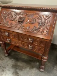 Antique Mahogany R. J. Horner Writing Desk with Carved Lion Faces Labeled.  I have had the desk for 22 years.  I...