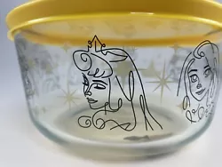 Clear Pyrex. Aurora (Sleeping Beauty) Rapunzel Moana & Jasmine (Aladdin). 4 Cup Storage Container. w/ Yellow Lid....