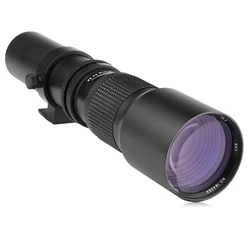 The Opteka 500mm f/8 manual focus preset lens is a classic refractor-style T-mount lens, with an aperture diaphragm in...