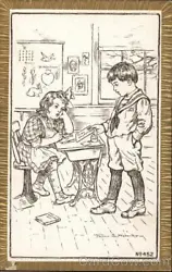 B&W Illustration signed Florence E. Nosworthy, Numbered 452. Artist: Florence E. Nosworthy. Title: Schoolboy Handing...