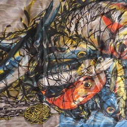 Towel kitchen painting reproduction VONY fishing deco art deco design XX France France. Discrètes traces d’usage....