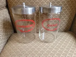 Set of 2 Glass APOTHECARY JARS with LIDS Doctor Medical Office Red Labels PYREX. Vintage!!!!