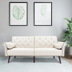 Loveseat Sofa PU leather Tufted Couch with 2 Bolster Pillows White. Material: PU leather+Sponge+Wood. Color: White....