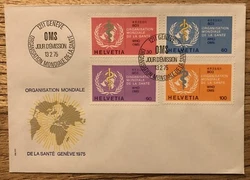 Suisse Enveloppe Premier Jour 1975, OMS Genève : Organisation Mondiale de la Santé, Helvetia, 4 Timbres,Obliteration...