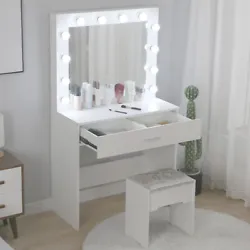 Vanity Set With Lighted Mirror Cushioned Stool Dressing Table Vanity Makeup Table. HD mirror: fine selection of...