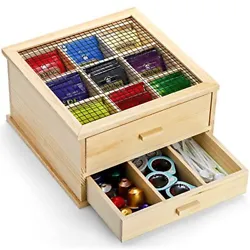 Top drawer is divided into 9 square sections, bottom drawer is divided into 3 long sections. This tea box is made of...