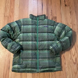Patagonia Green Plaid Goose Down Puffer Jacket Coat Size Youth L 12 Large