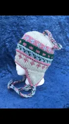 Handmade Crochet Wool White and Pink Pom Pom Winter Hat. Condition is 