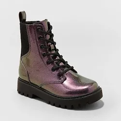 •Ankle-height combat boots with glitter •5.5in shaft height •Faux-leather construction •Lace-up front and back...