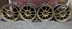 Hard to find 17x8 Enkei PF01 racing wheels in 5x100 bolt pattern finished in gold.  These are super light and strong...