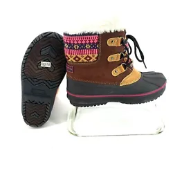London Fog Tottenham Snow Winter Boots. Brown with pink accent color Fair Isle Nordic, Duck Boot style. Super soft faux...