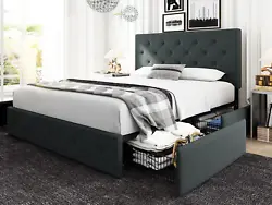 Queen Upholstered Panel Bed with Adjustable High Headboard, box Spring needed. The four steel drawers underneath made...