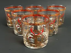 Rare set of 6 Culver 22K RUDOLPH JEWEL NOSE REINDEER Rocks Old Fashion Glasses Lowball. Measure 3 1/4” in diameter by...
