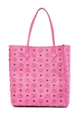 The bag is pink in color and is made of monogram coated canvas. The bag has MCM logo all over bag, leather trim and...