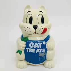 Vintage 1992 Meowing Overalls Cat Treats White Cookie Jar Holding FishTested and works fine with AA...