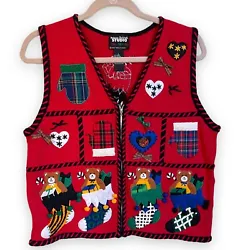 Designers Originals StudioChristmas Sweater Vest Vintage Sz: L Stocking Bear. Red faced vest with stocking, bear, men,...