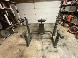 Powerzone Bench Rack. Used. Does not include any weights or barbell. Sturdy and can be used for incline bench as well....