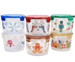 They features Clear bodies, color plastic lock n lock lids. Six 5-1/2 cup round containers.