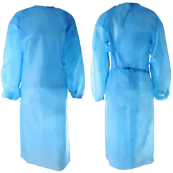 SPP+PE coating. Disposable Non-surgical Isolation Gown. Elastic Cuffs. White and Blue color available.