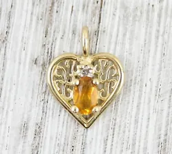AMAZING SOLID 14K GOLD FILIGREE HEART CHARM / SMALL PENDANT. SET WITH NATURAL CITRINE AND DIAMOND. WONDERFUL HIGHEST...