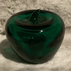 Vintage Blenko Art Glass Emerald Green Apple with Stem Paperweight Mid-Century3” high x 3.5” roundIn excellent...