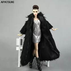 Doll Accessories Set Winter Super Long Fur Black Coat & Silver Dress Fashion Clothes For Barbie Doll Parka Dress For...
