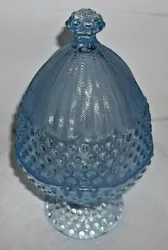 Gorham crystal/Blue Hobnail Egg- shaped Covered Candy Dish. Made in Germany. Excellent condition.