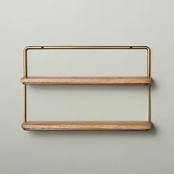 •16in wall shelf •Metal frame •Open wooden shelves •Brass finish  Description  Add stylish organization to your...