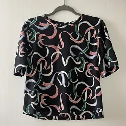 Equipment Femme Womens 100% Silk Top Sz XS Black Multicolor Ribbon Print Boxy. Shipped With USPS First Class Mail...