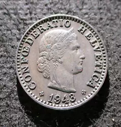 20 RAPPEN 1943 - WORLD WAR II. This coin was minted in 1943 in Bern, Switzerland. OLD COINS OF SWITZERLAND.