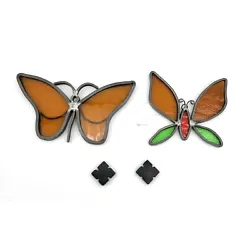 Set of 2 Stained Glass Butterfly Suncatchers Orange Red Green with WeightsHandmade. Excellent pre-owned...