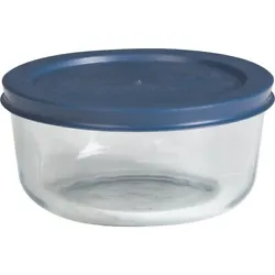 Clear round bowl with navy blue plastic cover. SKU# 671622.