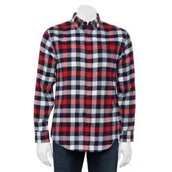 Plaid pattern. Flannel fabric. Button front. Long sleeves. Heat Retention. Cotton, polyester. Machine wash.