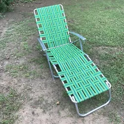 Vintage Aluminum Webbed Folding Beach Lawn Chair Chaise Lounge Green. See pics for defects.