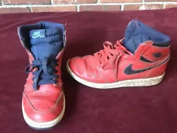 US Size 7Y (Youth). Retro High OG from 2015. Nike Air Jordan 1. Red “Suede” with Embossed Wings Logo. Good Used...
