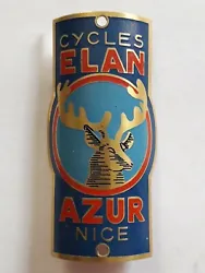 Ancienne Plaque de Vélo Cycles ELAN AZUR Nice 1950 1960. Aluminium annodisé laqué. Etat: neuf jamais monté
