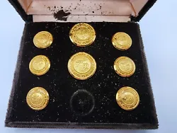 VINTAGE SET OF 8 WATERBURY WC1812 QUID AERE PERENNIUS 24K GOLD PLATED BUTTON SET.  MISSING ONE.