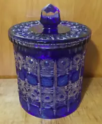 For sale is a lovely cobalt cut to clear cookie, cracker or biscuit jar this stunning covered jar is decorated with all...