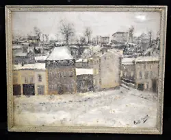 La scène représente une vue des toits de Montmartre enneigés.