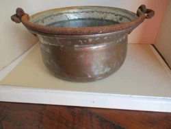Nice example of early cookware copper plated over metal cauldron.  Hand forged swing handle.  Shabby chic planter,...